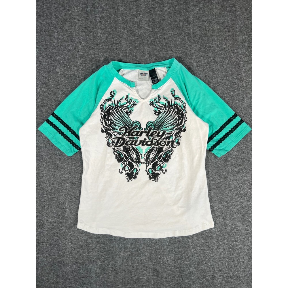 Harley Davidson Womens Y2K Winged Raglan Tee Teal White Lace Stripe Large